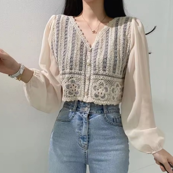 Tops - Floral Blouse crochet embroidery cropped French style knit chiffon puff cream